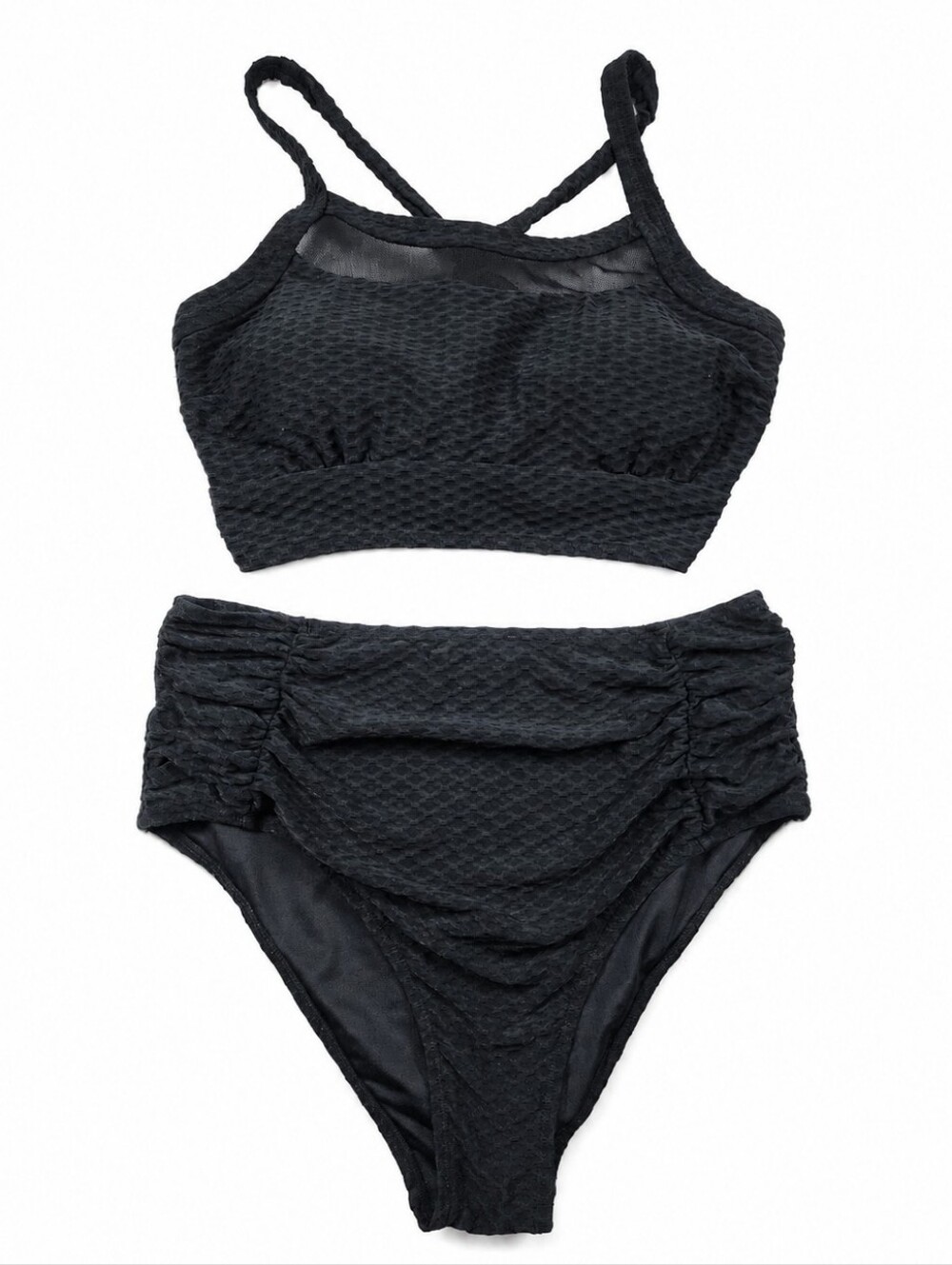 CUPSHE Black Textured High Waisted Bikini Set Mesh Tie Back Swimsuit L